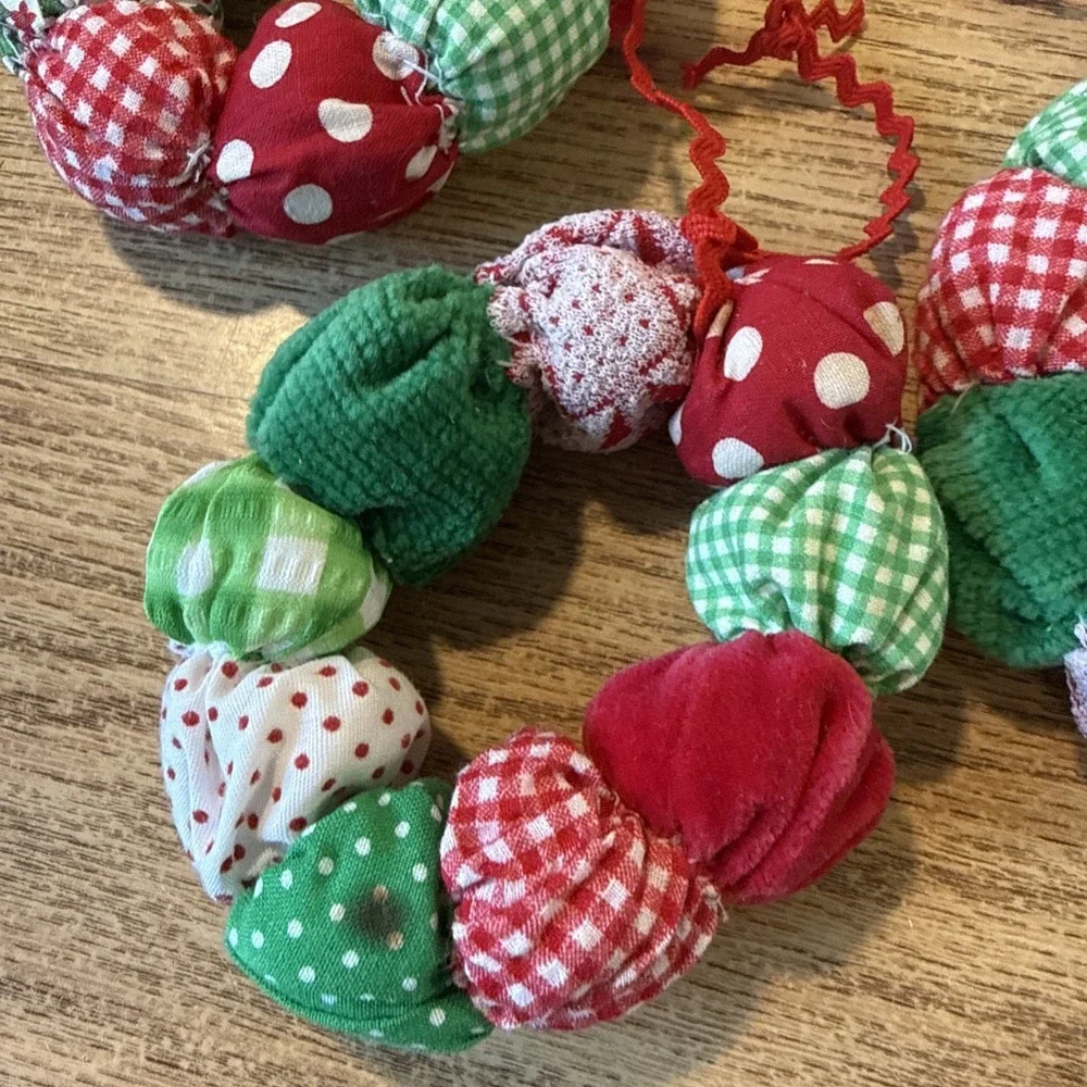 6 Vintage handmade fabric puff wreath Christmas Ornaments
